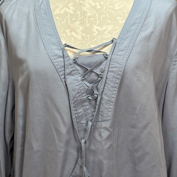 J. Jill Blue Rain Chambray Lace-up Pullover Peasant Pop Over Blouse Top Size L - Picture 4 of 13